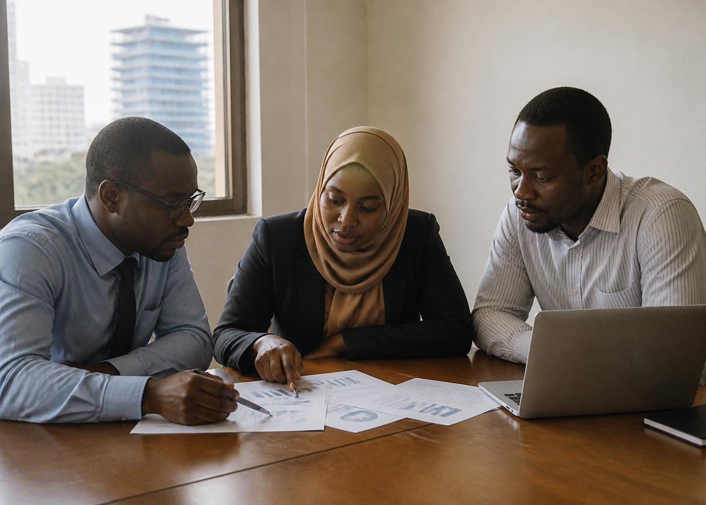 Three colleagues reviewing printed financial reports in a Dar es Salaam office
