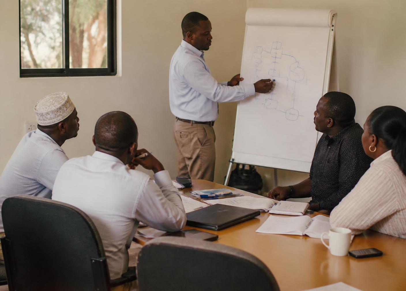 Consultant mapping a process on a flip chart with a management team